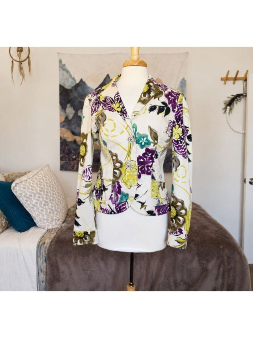ETRO Milano Italy Floral Cotton Blazer Jacket Belted Purple Yellow IT 46 US 10 L - Picture 4 of 16